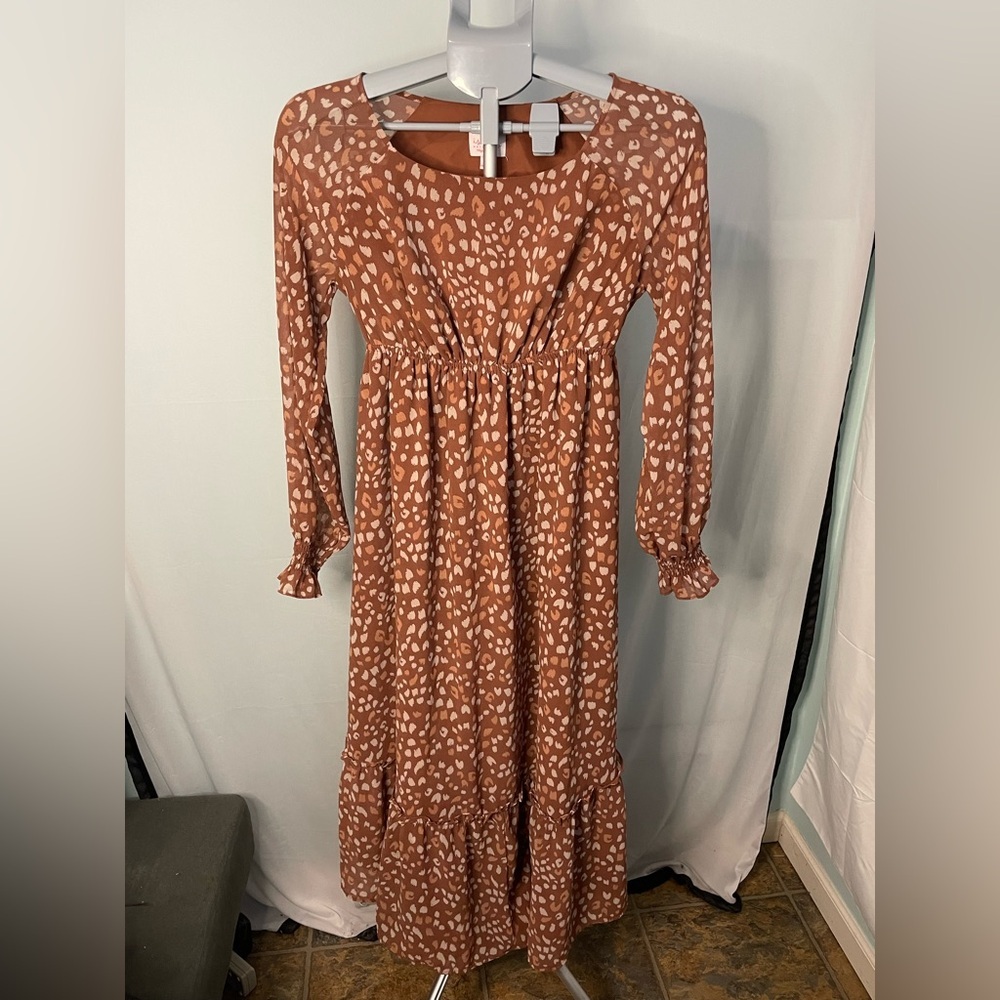Isabel Maternity Maxi Dress Womens XS Brown Animal Print Long Sleeve Tiered Boho